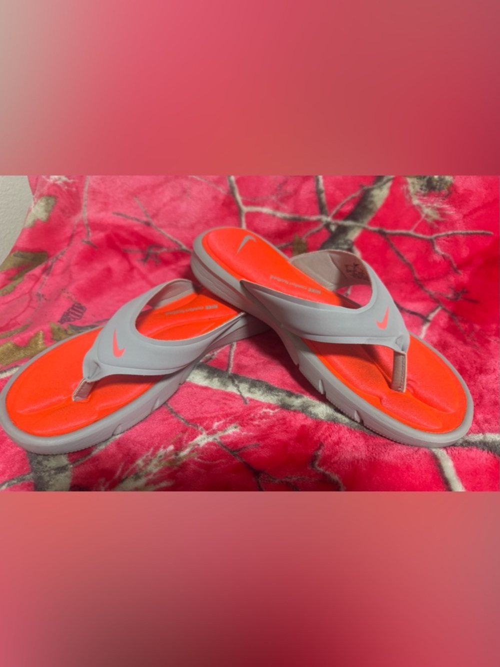 Nike Bright Orange Flip Flops with Light Gray Straps - Picture 2 of 4
